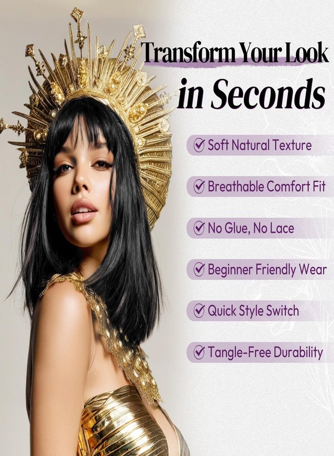 BARSDAR Short Black Bob Wig With Bangs - Black Bob Wig With Bangs for Women - 14 Inch Natural Looking Thick Soft Synthetic Hair Replacement Wigs Daily Party Halloween Retro Costume Wigs - Image 3